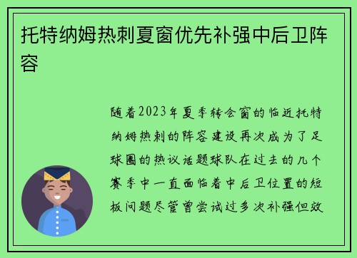 托特纳姆热刺夏窗优先补强中后卫阵容 托特纳姆热刺夏窗优先补强中后卫阵容