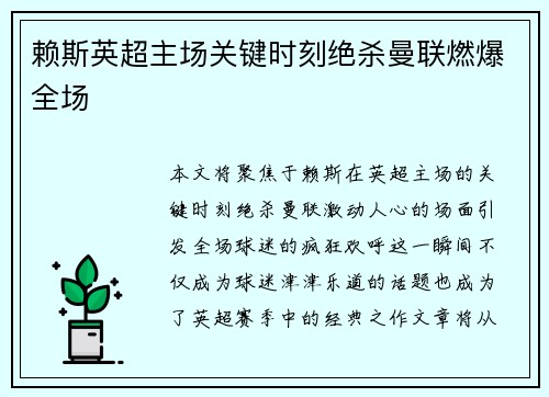 赖斯英超主场关键时刻绝杀曼联燃爆全场