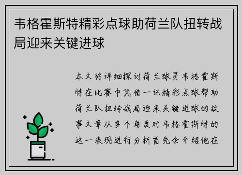 韦格霍斯特精彩点球助荷兰队扭转战局迎来关键进球